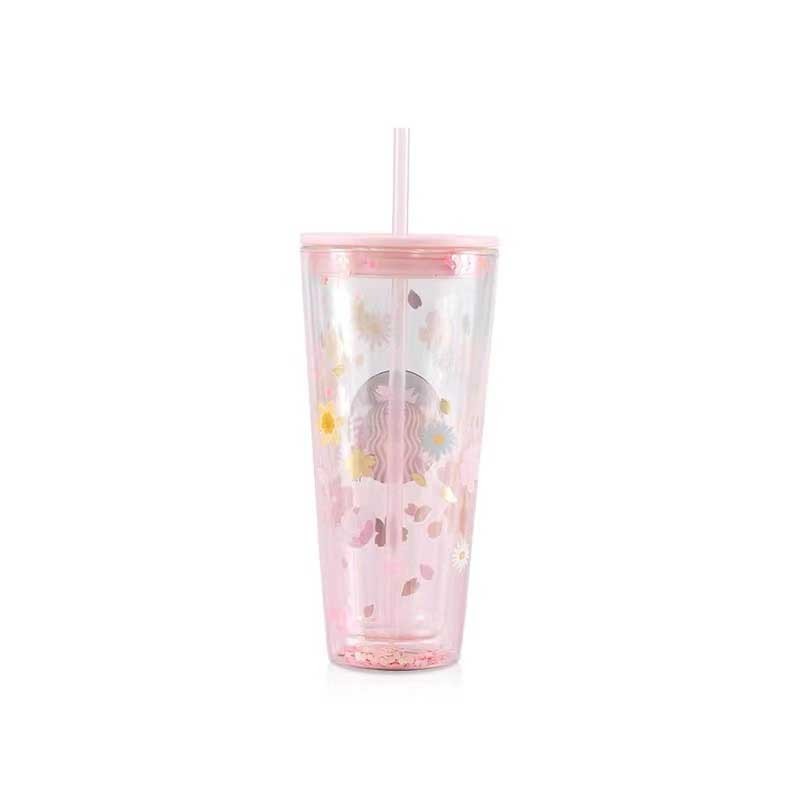 2021 Sakura Pink Floral Glitter 20oz Double Glass - China